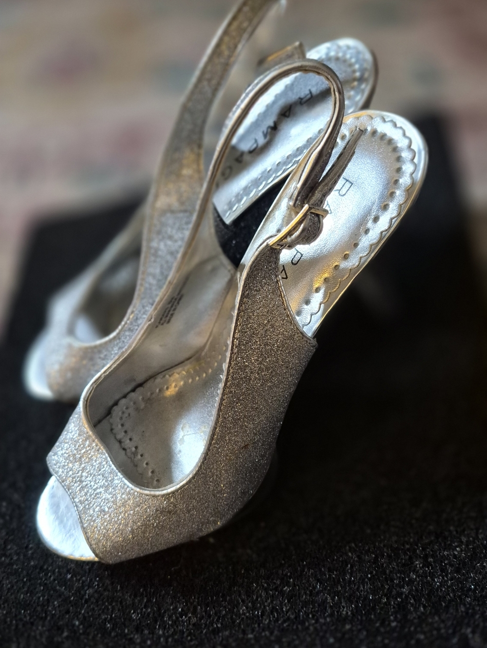 Rampage 'Flanders Silver Glitter  Metallic Peep-Toe Adj Slingback 4" Heels - S/8